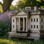 Miniatyr av Vita huset som bikupa på gräsmatta med bin som flyger omkring