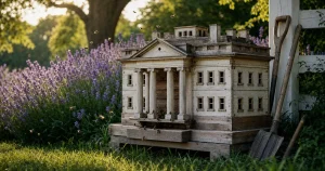 Miniatyr av Vita huset som bikupa på gräsmatta med bin som flyger omkring