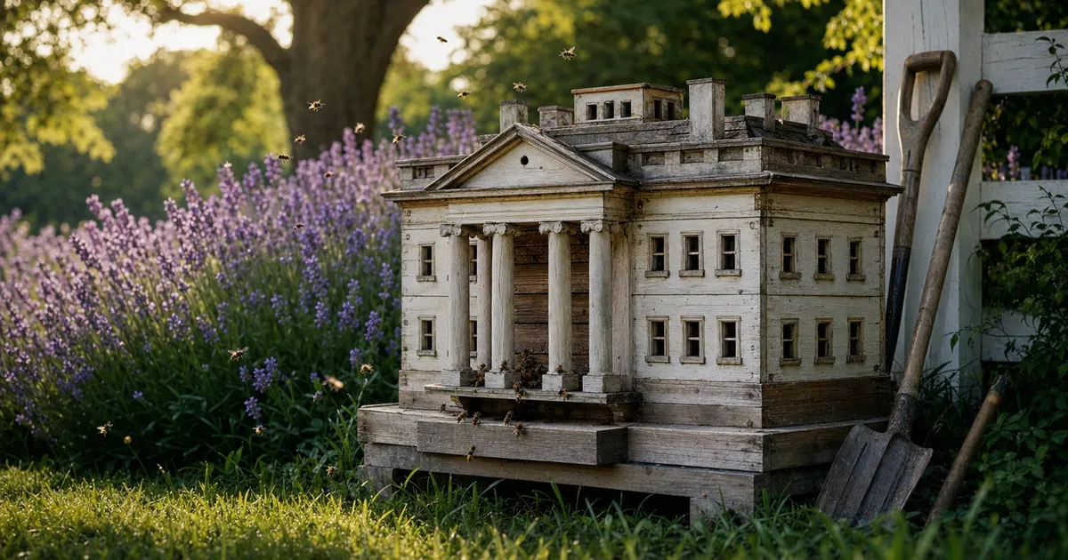 Miniatyr av Vita huset som bikupa på gräsmatta med bin som flyger omkring