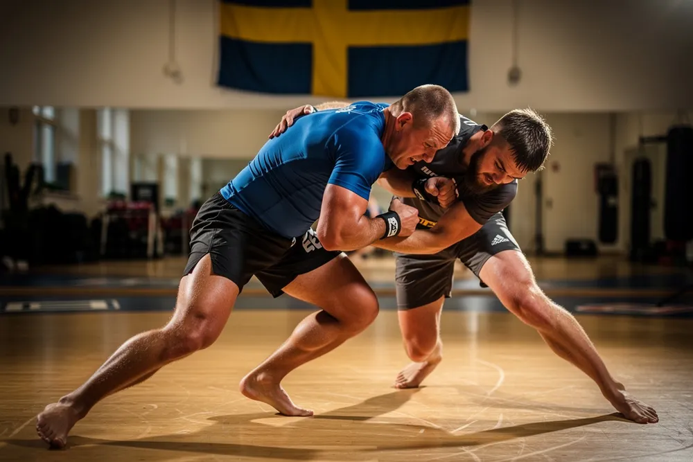 MMA-träning i svensk träningslokal med fighters som utövar grappling