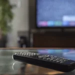 Fjärrkontroll på glasbord med suddig tv-skärm i bakgrunden