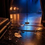 Tom konsertscen med mikrofonstativ och övergiven setlista på golvet