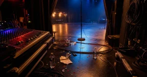 Tom konsertscen med mikrofonstativ och övergiven setlista på golvet