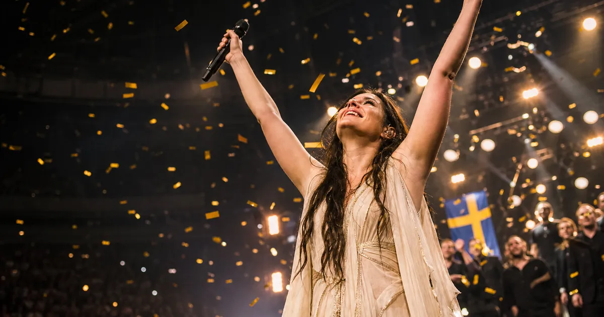 Kvinnlig artist på scen med konfetti fallande omkring henne efter Eurovision-seger
