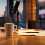 TV-studiomiljö med skrivbord och kaffekopp i varmt ljus