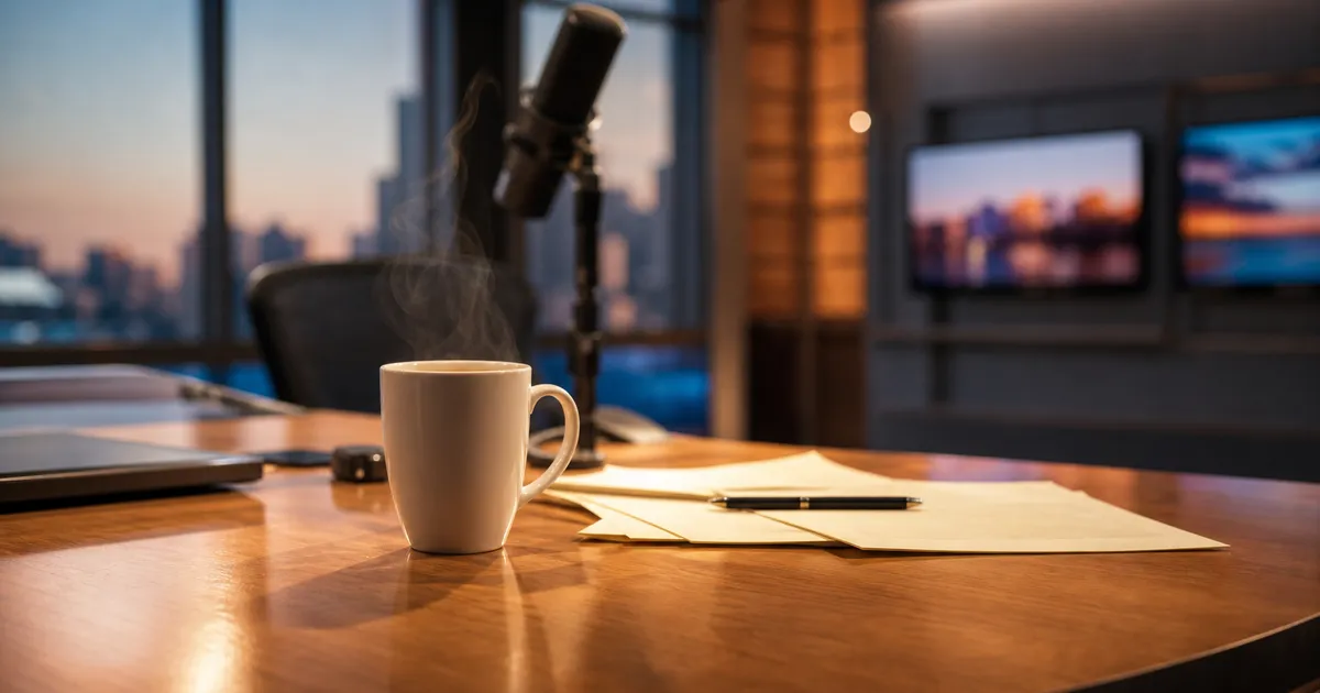 TV-studiomiljö med skrivbord och kaffekopp i varmt ljus