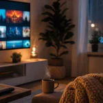Vardagsrum med TV som visar Netflix-gränssnitt, mysig kvällsbelysning