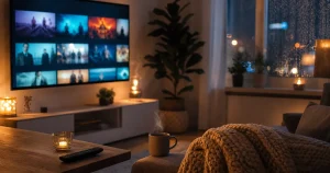 Vardagsrum med TV som visar Netflix-gränssnitt, mysig kvällsbelysning