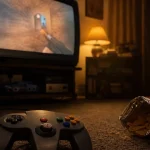 Vintage CRT-tv och Nintendo 64-kontroll i ett mörkt vardagsrum, spelkväll från 90-talet