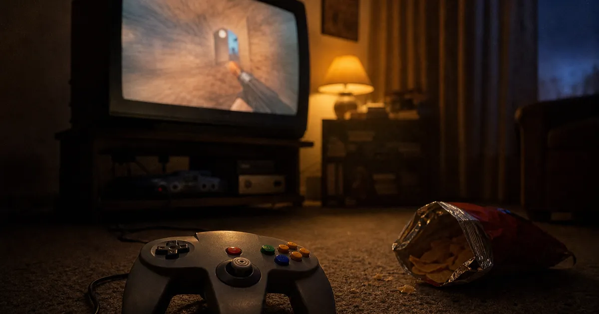 Vintage CRT-tv och Nintendo 64-kontroll i ett mörkt vardagsrum, spelkväll från 90-talet