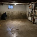 Fuktig källare med mörka fläckor på väggen och en person som undersöker den tänkbara hälsorisken.