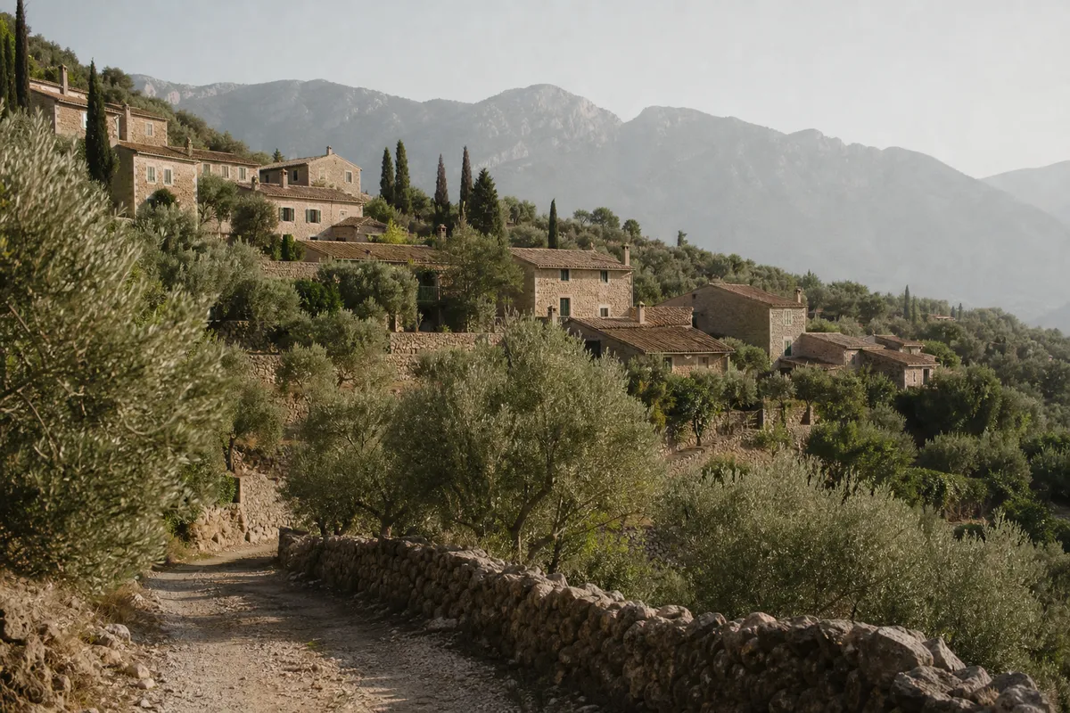 Stenhus och olivlundar i bergsbyn Tramuntana på Mallorca